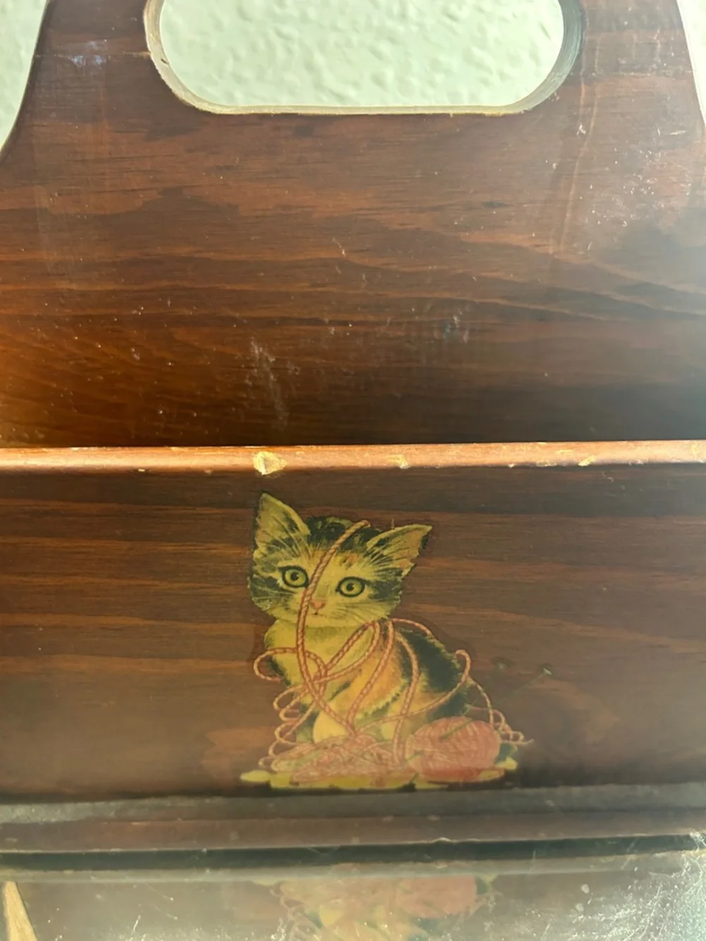 Vintage-Style Brown Wooden Cat Caddy with Yellow Kitten Decals Cute Core